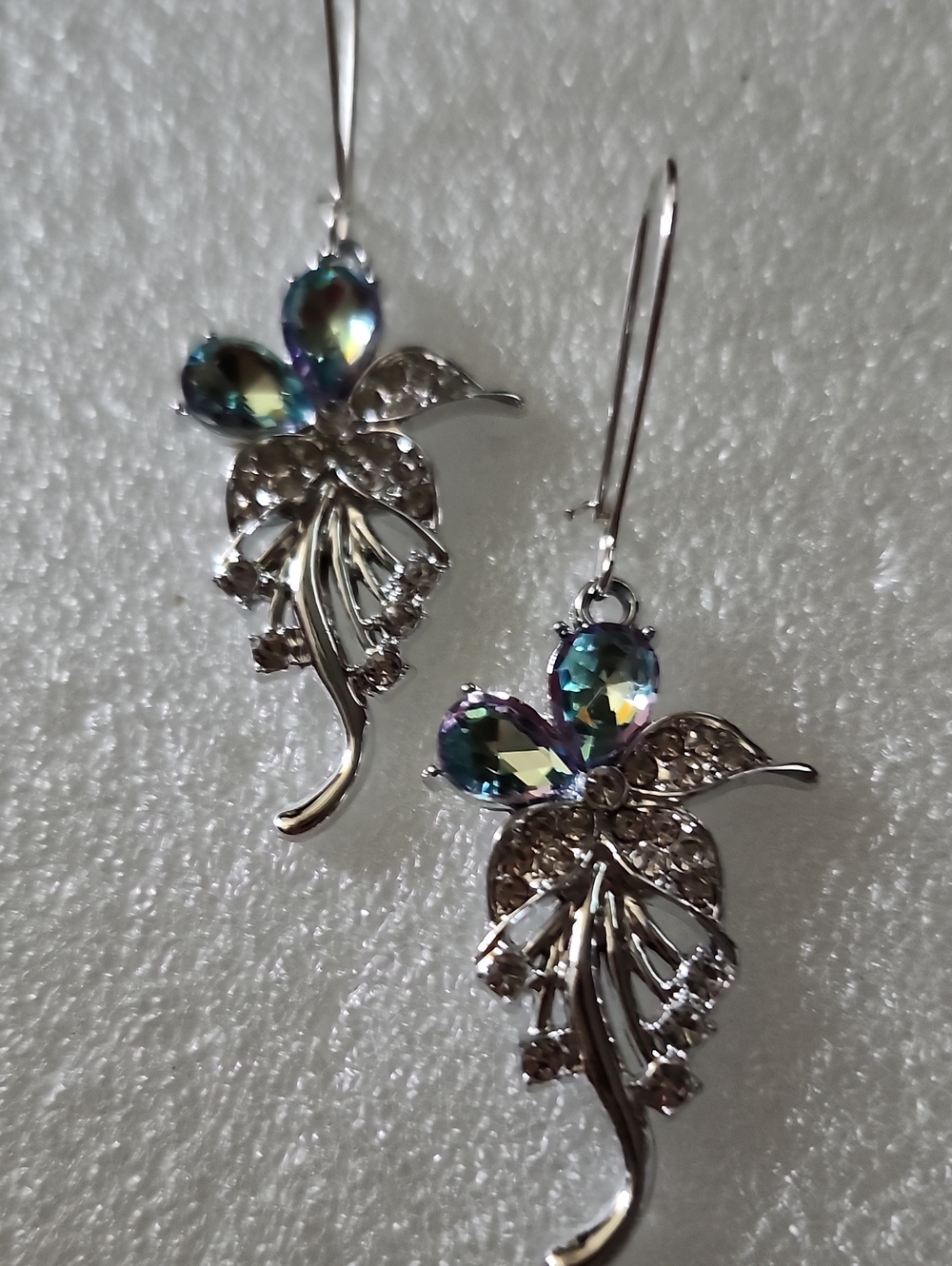 Hand Crafted Iridescent Blue-Green Leaf Drop Earrings